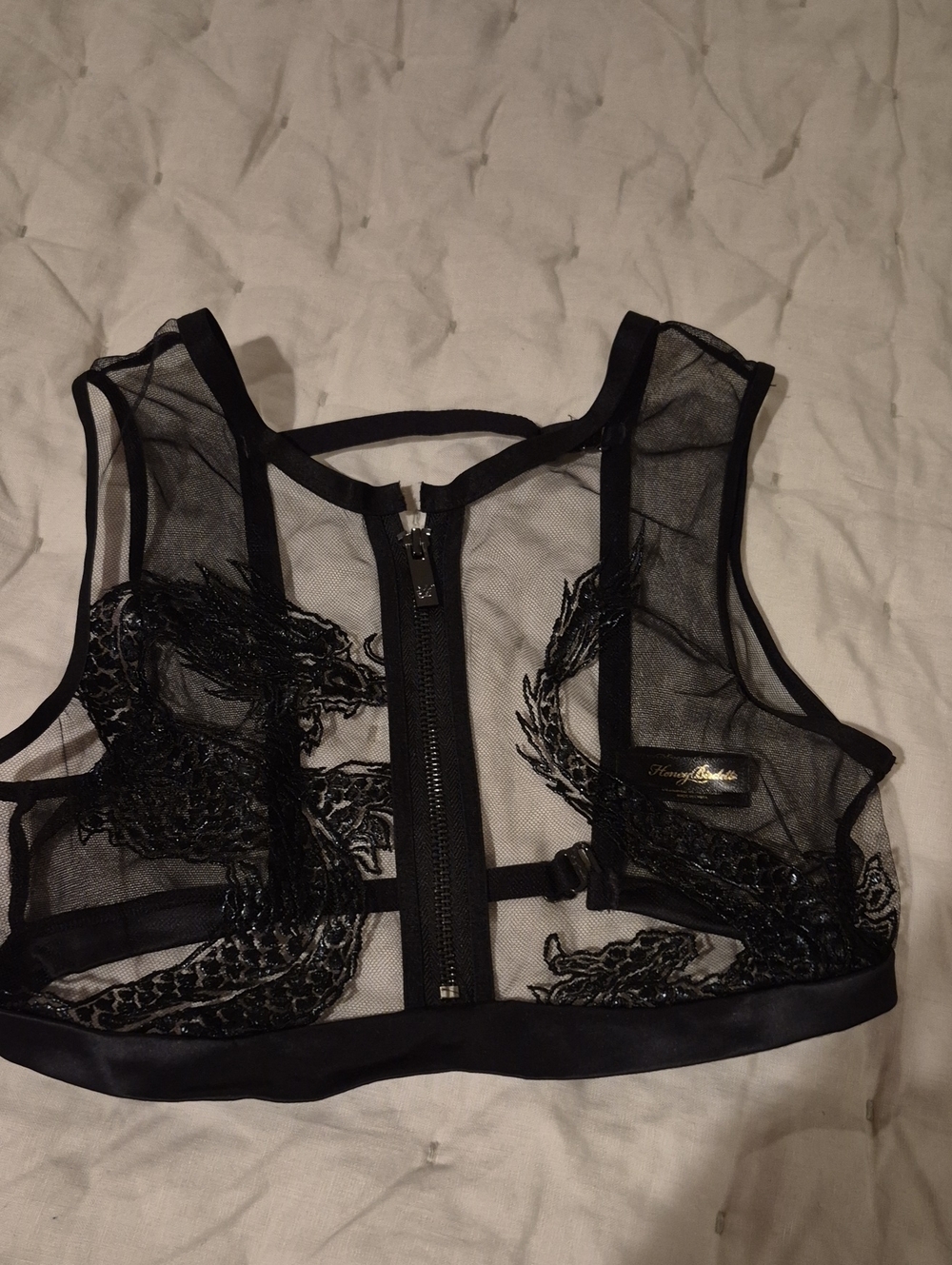 Honey Birdette Lisbeth Sheer Dragon Mesh Crop Top with Front Zip